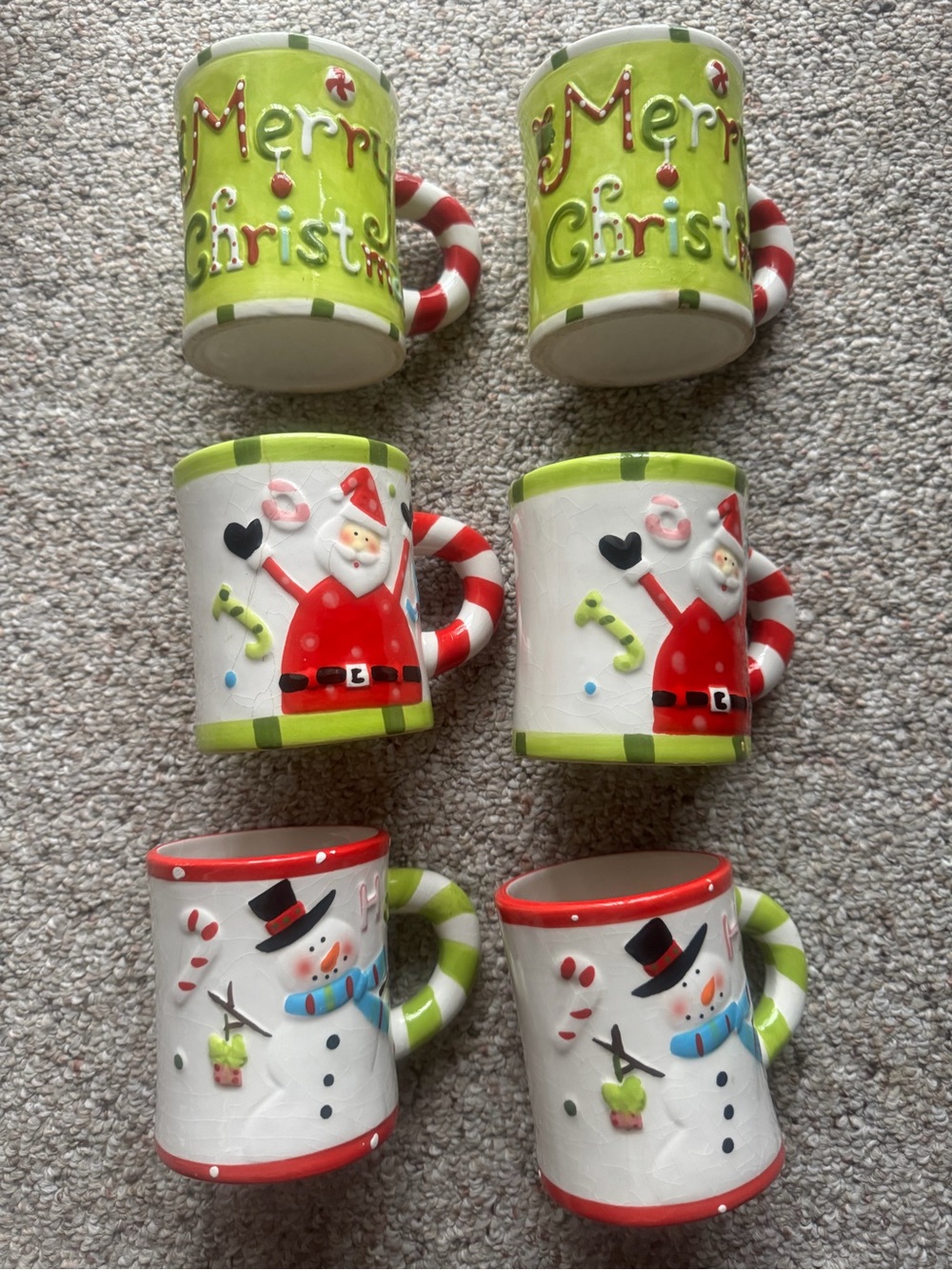6pc Set Festive Green & Red Holiday Christmas Ceramic Mug Snowman Merry - 6 Pack